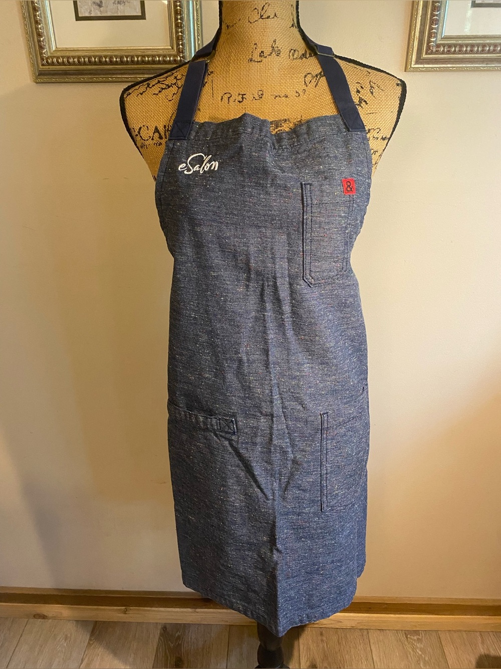 Hedley & Bennett Crossback Apron – Speckled Denim Chambray, “eSalon” Embroidery